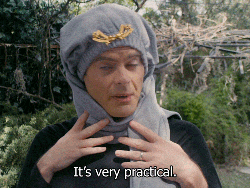 Bill Hader wearing pants as a head cover, saying 'It's very practical'.